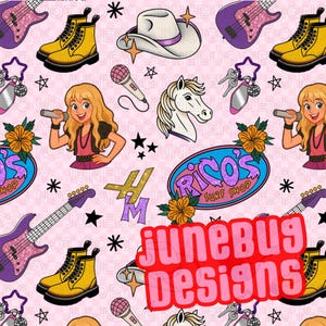 Könnte beinhalten: Ein nahtloses rosa Muster mit Cartoon-Illustrationen einer Sängerin, Gitarren, Cowboy-Stiefeln, einem Cowboyhut, einem Pferd, einem Mikrofon und dem Text "Rico's Surf Shop". Das Design enthält auch den Text "JuneBug Designs".