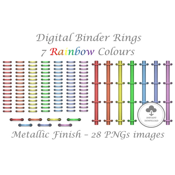 28 Digital Rainbow Binder Rings | 7 Colours Metallic Finish | Bundle of PNG files | Digital Planner & Notebook, GoodNotes, Keynotes, OneNote