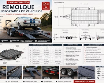 May include: A 56-page PDF document containing detailed technical plans for a vehicle transport trailer. The document includes isometric views, side, front, and rear elevations, a steel cut list, and specifications in both inches and millimeters.