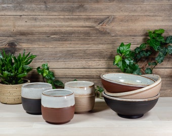 TO ORDER – A set for three – 3 bowls and 3 drinking cups both in 3 different color stoneware.