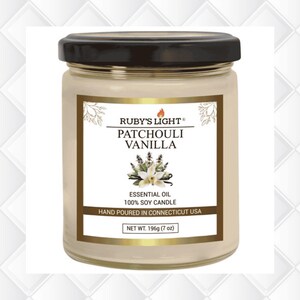 May include: A glass jar candle with a black lid. The label reads "RUBY'S LIGHT PATCHOULI VANILLA" with a floral illustration. It is an essential oil, 100% soy candle, hand-poured in Connecticut, USA. Net weight is 7 oz.