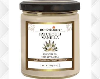 Vela de soja con aroma a pachulí y vainilla, con aceite esencial, 7 oz