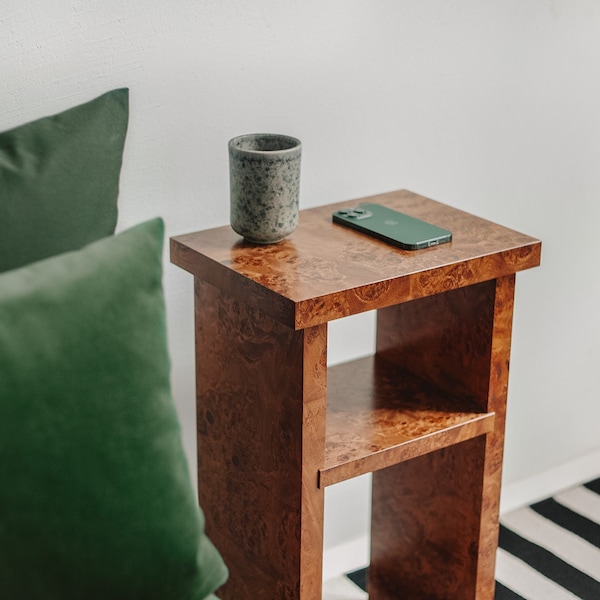 Genuine dark burlwood nightstand with a shelf