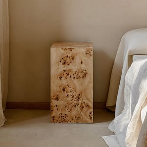 Plinth Side Table or Nightstand with Premium Burlwood Veneer Finish for Living Room or Bedroom. 30 x 30 x 55 cm