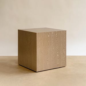 Beige Lacewood Plinth Cube Side Table: Minimalist Coffee Table