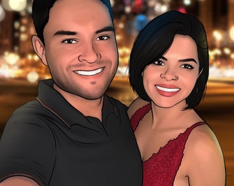 May include: A digital illustration of a smiling couple, with the man in a black polo shirt and the woman in a red top. The background features blurred city lights, creating a warm, romantic atmosphere.