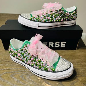 Custom AKA Bling Converse – Pink & Green Pearl Rhinestone Sorority Shoes | Alpha Kappa Alpha Glitter Sneakers | AKA Gift for Sorors