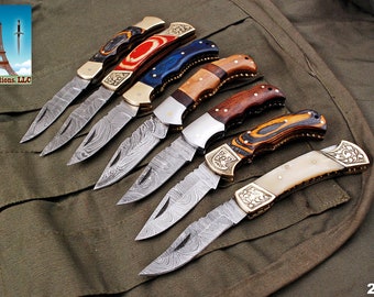 Custom handmade folding back lock Damascus knife, folding knife with leather sheath, great Christmas gift
