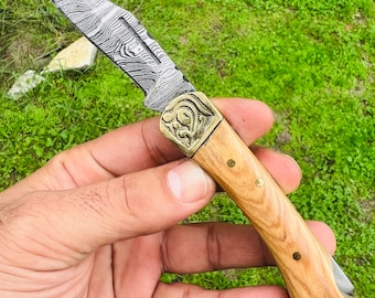 Custom handmade pocket back lock folding Damascus knife with a Damascus blade, rosewood and brass handle, and leather sheath.