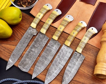 Handmade Damascus Chef set of 5pcs With Leather Sheath, Damascus Knife Set, Damascus Chef Knife, Kitchen Knife Set, Damascus Chef Set
