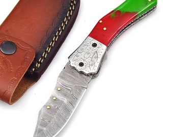 Hand Forged Damascus Steel Folding Knife Pocket Knife Easy Open & Close Knife, Hunting Knife, Gift for men, Anniversary Gift, Best Gift