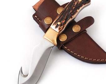 Custom Handmade D2 Steel Hunting Knife with Stag Horn Handle and Leather Sheath, Best Gift For Him, Anniversary Gift