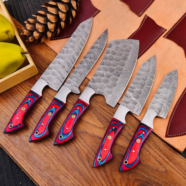 5 pieces  Ensamble de cuisine couteaux de chef pro  lame damas  kitchen set damascus knives with leather sheath gift for every one