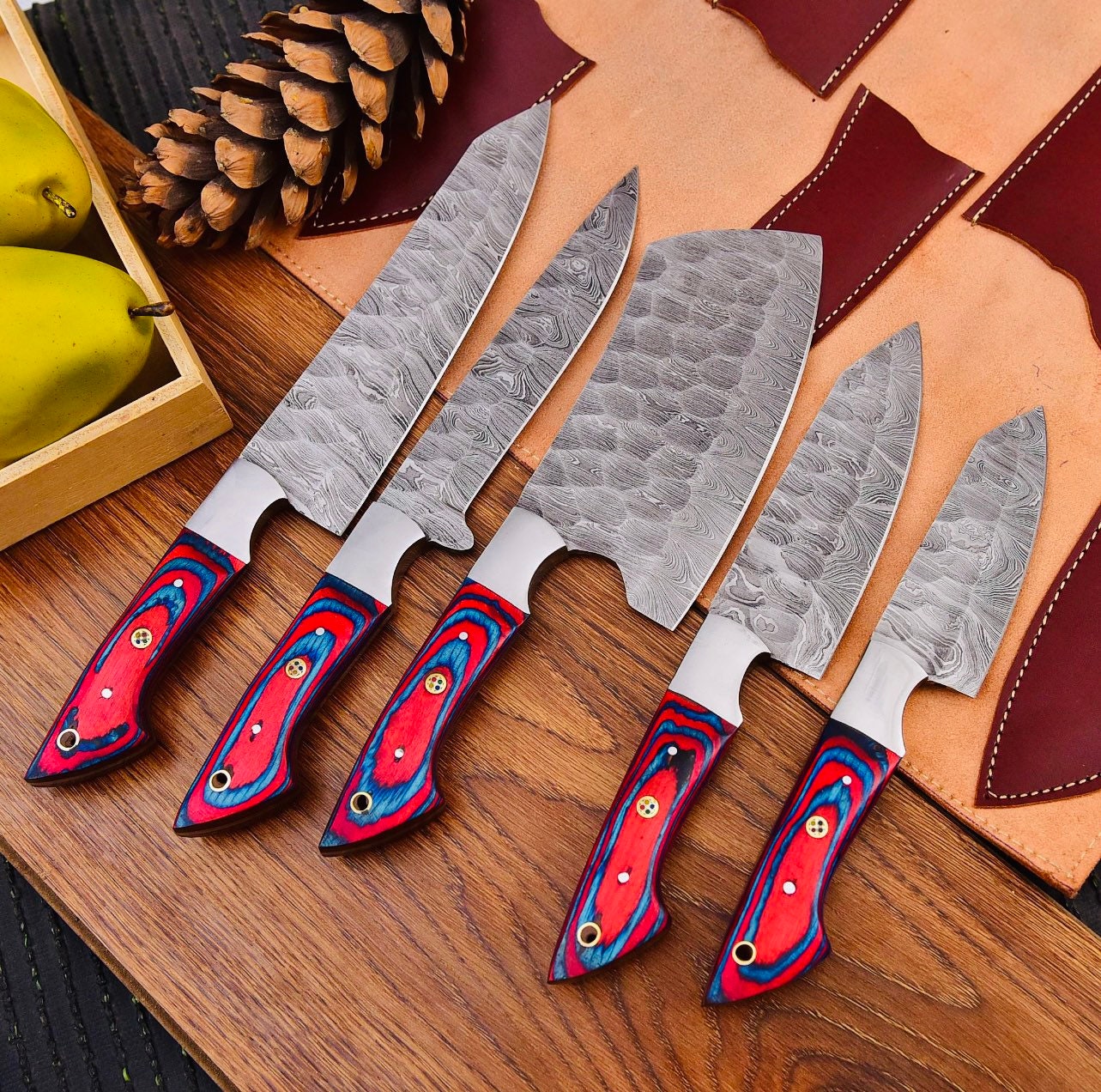 Custom Handmade Damascus steel chef/Kitchen knife set of 5 PCS with Le