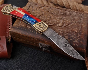 Custom total handmade folding damascus knife bone handle horn handle pakka wood rose wood with leather sheath nice gift for every one