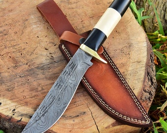 Handmade Damascus Hunting Knife With Bone and wood Handle, Gift For Father Wedding Gift Bowie Knife Birthday Gift, Camping knife