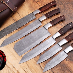Handmade Damascus Chef set Of 6pcs With Leather,Damascus Knife Set,Damascus Chef Knife, Perfect Gift for loved gift for mom