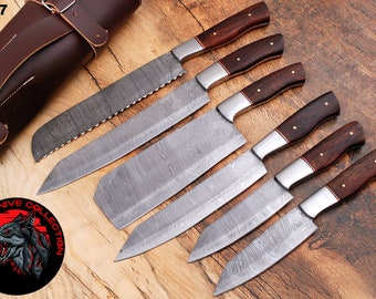 Handmade Damascus Chef set Of 6pcs With Leather,Damascus Knife Set,Damascus Chef Knife, Perfect Gift for loved gift for mom