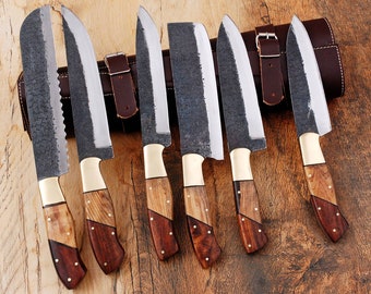 Handmade High Carbon Steel Chef Knife Set Of 6 Pcs Rosewood beautiful Handle, Anniversary Gift Kitchen Knife Groomsmen Wedding Gift For Him