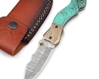 Damascus Folding Knife, Handmade Folding Knife, Pocket Knife, Hunting Knife, Gift for men, Anniversary Gift, Best Gift For Him.