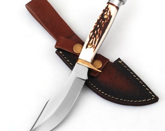 12' Handmade D2 Steel Hunting Knife Bowie, Stag Antler Handle with leather sheath, razor sharp blade, father's day gift