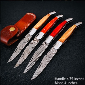 Couvert rare modle Couteau De Poche pliant lame damas poignée pakka bois et laiton avec etui cuir custom handmade  folding damascus  knife