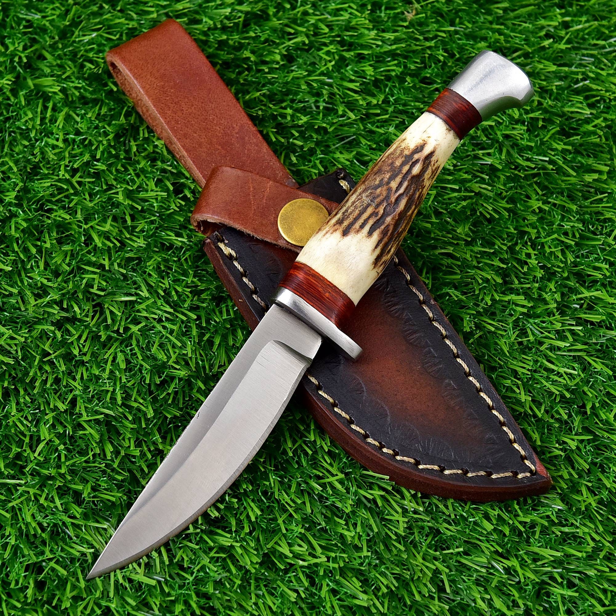 D2 Steel Fixed Blade Hunting Knife with Stag Horn Handle and Leather Sheath, Survival Tool Best Anniversary Gift for Husbands