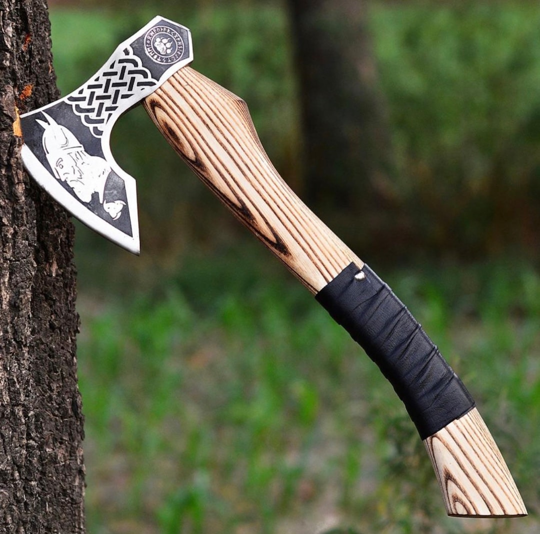 Hache Tomahawk 15 Pouces - Acier Au Carbone, Gravure Loup, Manche Bois De Rose, Gaine Cuir, Neuf