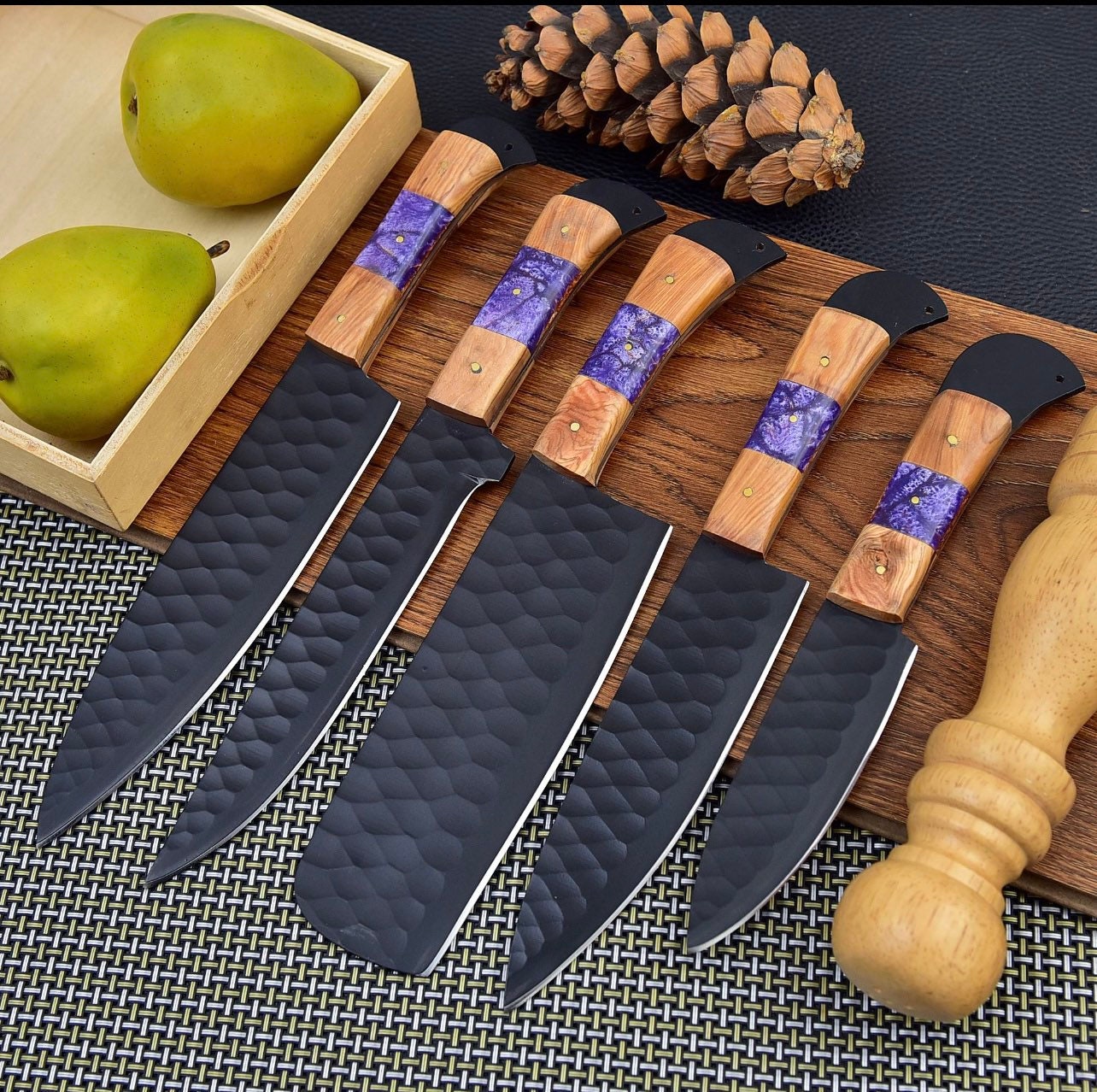 Couverts Rare Ensemble De Cuisine Couteaux Des Chef Pro Avec Revêtement En Poudre Noire Kitchen Knvies Set Damascus Blade With Out Sheath