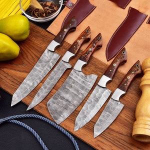 Custom Handmade Damascus Chef set of 5pcs With Leather Sheath, Damascus Knife Set Rose wood Handle, Damascus Chef Knife, Kitchen Knife Set