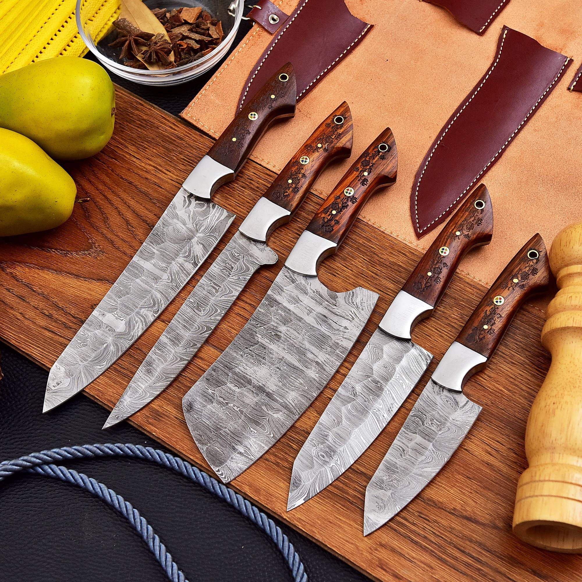 Custom Handmade Damascus Chef set of 5pcs With Leather Sheath, Damascus Knife Set Rose wood Handle, Damascus Chef Knife, Kitchen Knife Set