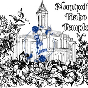 PRINTABLE~ Montpelier Idaho Temple Coloring Page, Lillies & Daisies, Digital COPY