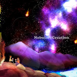 Peut inclure: Une peinture numérique représentant un couple assis sur le flanc d'une montagne, regardant un ciel nocturne étoilé avec une nébuleuse brillante. Le couple tient des verres de vin et le ciel est rempli d'étoiles filantes.