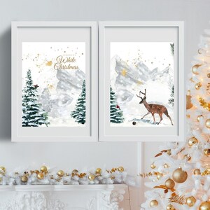 Set of 2 - Christmas Printable, Living Room Wall Art, White Christmas, White & Gold Poster