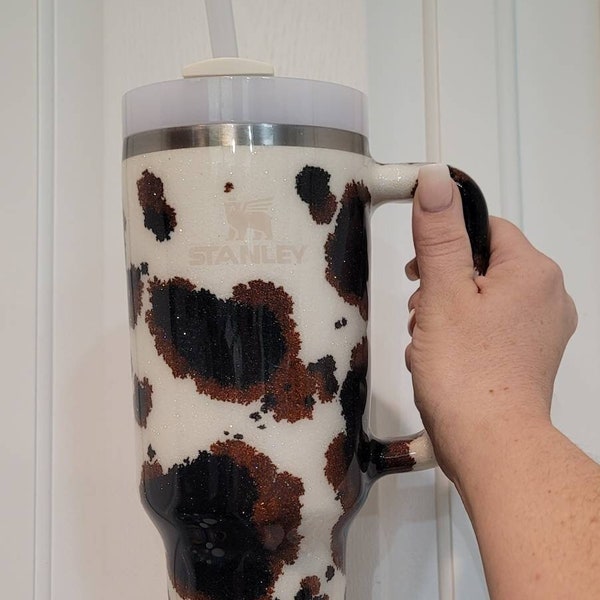 Cow Print / Cow Hide glitter Tumbler, handmade, Cow hide, epoxy sealed, Stanley and other brands, glitter stanley