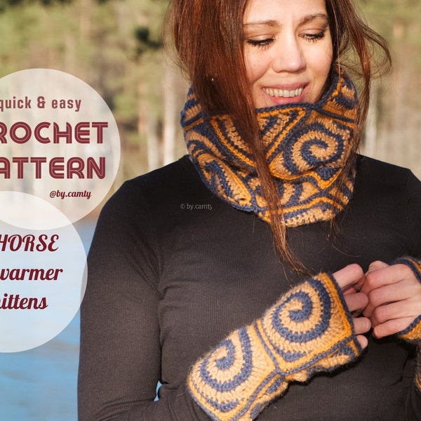 Neck warmer and fingerless mittens crochet pattern, cowl crochet pattern with spiral squares, inspired by seahorse, ocean, 70's retro style