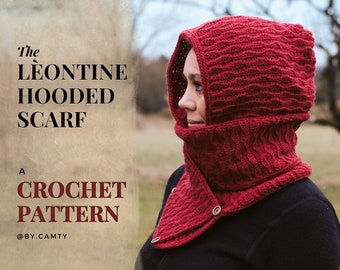 CROCHET hooded scarf PATTERN, scarf with hood pattern, warm cozy hoodie, forest fashion, cute crochet textured hood, easy pattern, LÉONTINE