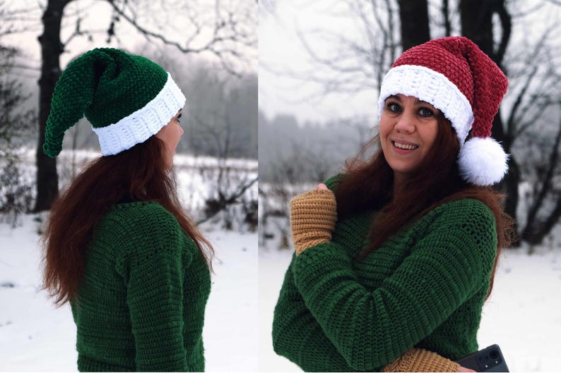 Op de afbeelding: Twee vrouwen dragen groene gebreide truien en bijpassende gebreide mutsen. E&eacute;n muts is rood en wit, de andere is groen en wit.
