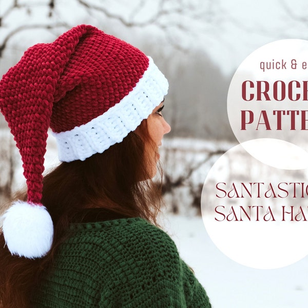 Crochet Santa Hat pattern, Quick Christmas hat pattern for kids, women, men, toddler, child, adult, Santa hat pattern, beginner friendly hat