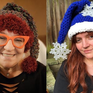 Op de afbeelding: Twee mensen dragen gebreide mutsen. De eerste muts is een veelkleurige, pluche, elfenachtige muts met een rode pompon. De tweede muts is een blauwe en witte gebreide muts met een sneeuwvlokkenpatroon.