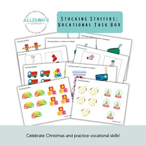 May include: A collection of printed cards labeled "Stocking Stuffers: Vocational Task Box." The cards feature colorful illustrations of Christmas-themed items and educational activities, including robots, trucks, and alphabet blocks. The text reads "Celebrate Christmas and practice vocational skills!"