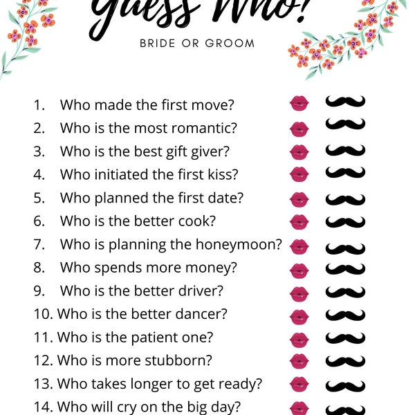 Guess Who??? Bride or Groom Bridal Shower Game Virtual Shower Game