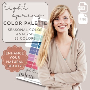 Könnte beinhalten: Ein Farbpaletten-Leitfaden für die saisonale Farbanalyse für den hellen Frühling. Der Leitfaden enthält 35 Farben und den Text "Enhance your natural beauty".