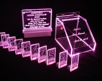 LED Glowing Party /Reception Set...Gift Card Box, 10 Economy Table Numbers, Custom Engraved Sign