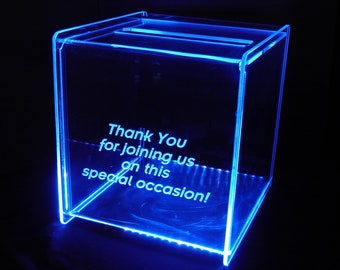 LED Glowing Gift Card Box ...11"W x 11"D x 11"H ... With personalized engraving and replaceable back panel.