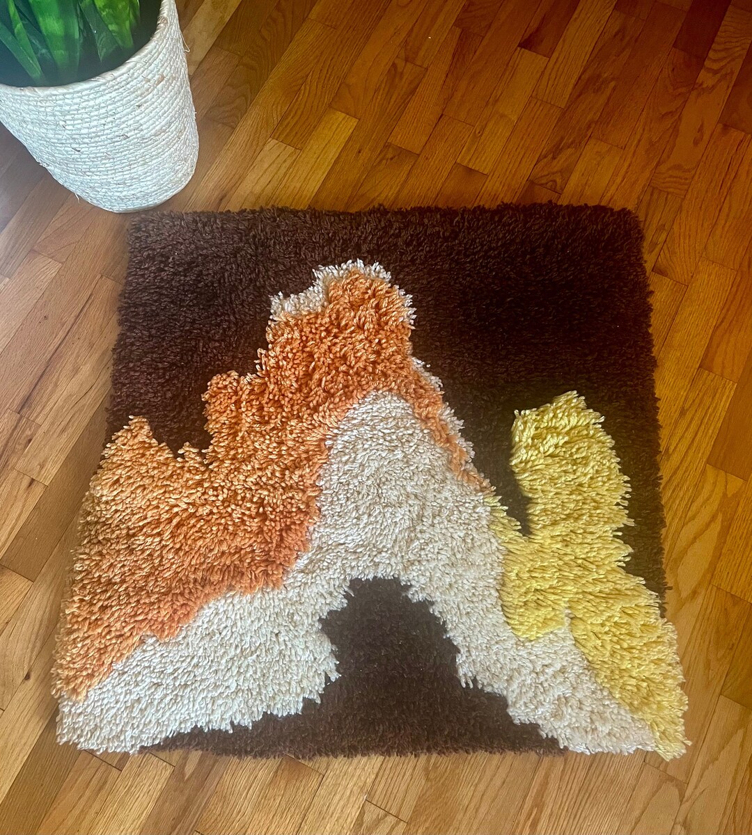 Vintage Latch Hook Wall Hanging Large Retro Brown, Orange, Yellow