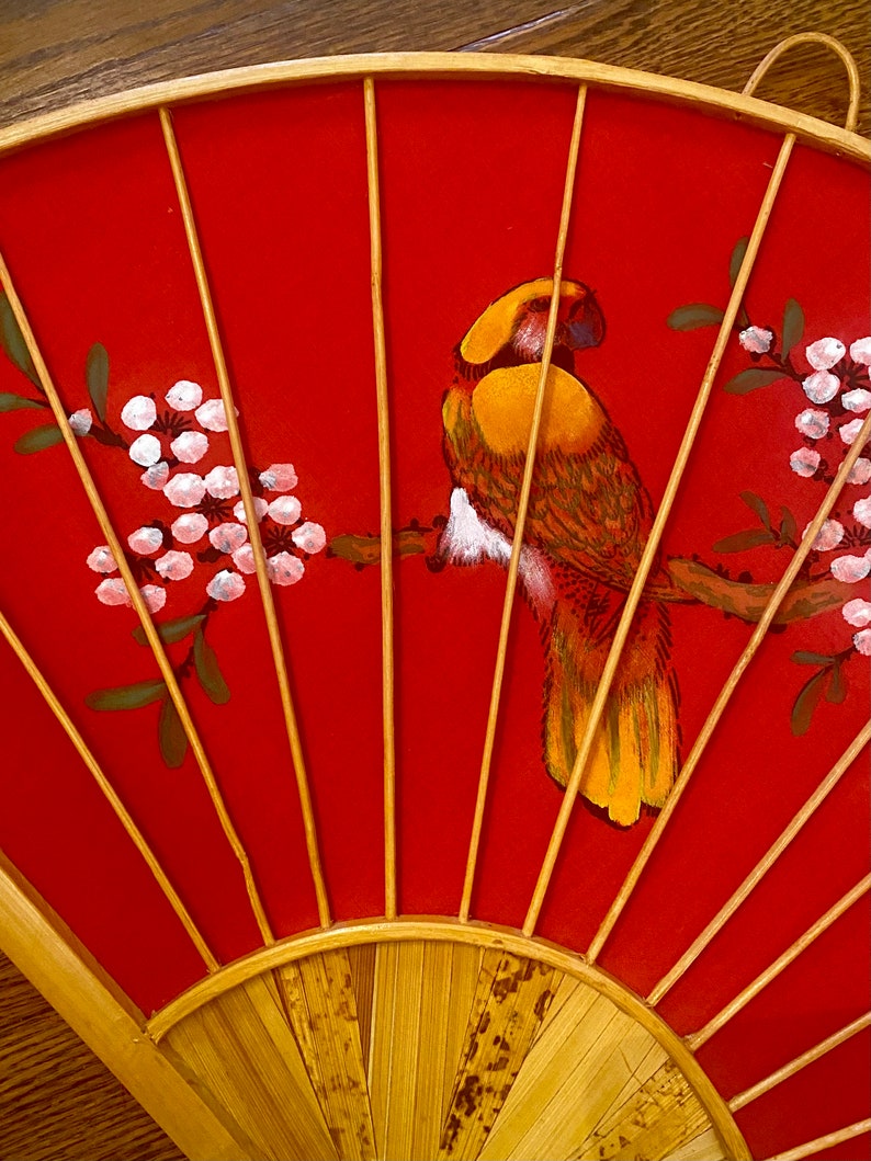 Vintage Asian Wall Fans, Large Hand Painted Wall Fan, Vintage Bird Art