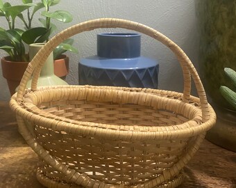 Grand Panier En Osier Vintage Années 70 – Tissu à Fleurs, état Top