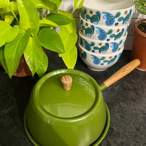 Vintage 1970s Avocado Green Fondue Pot with Wooden Handle Lid and Hot Plate, MCM Avocado Green Aluminum Fondue Pot Set