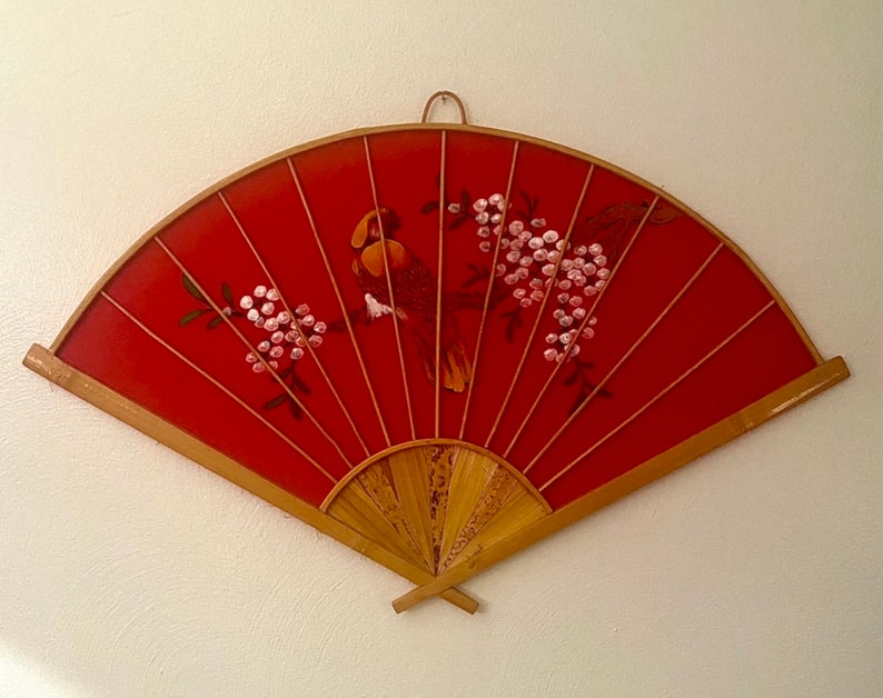 Vintage Asian Wall Fans, Large Hand Painted Wall Fan, Vintage Bird Art